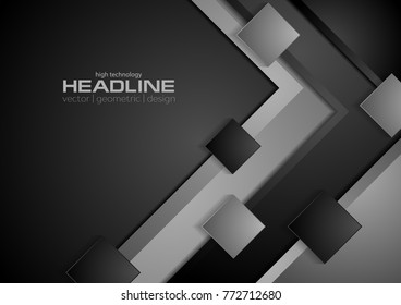 Black and grey abstract technology corporate background with squares. Vector geometrical design