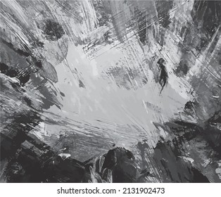 Black and grey background. Abstract painting element. Grungy texture. Acrylic brush strokes. gray paint stain artwork. Dirty and dark wallpaper.  Art in black and white hand drawn.