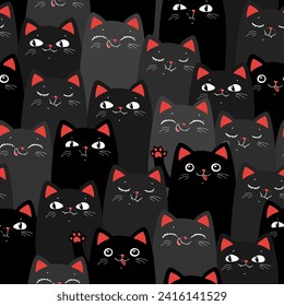 Black and grey Cats. Cartoon hand drawn seamless pattern. Vector EPS 10