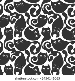 Black and grey Cats. Cartoon hand drawn seamless pattern. Vector EPS 10