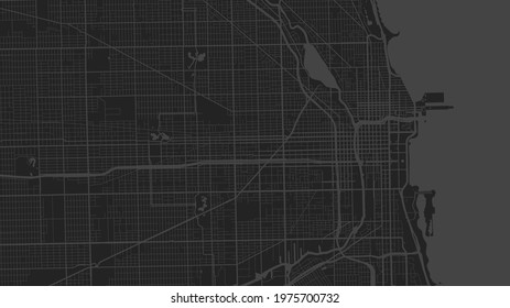 Black grey Chicago city area vector background map, streets and water cartography illustration. Widescreen proportion, digital flat design streetmap.