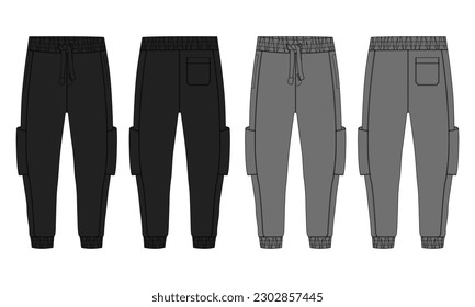 Black and Grey color Basic Sweat pant technical fashion flat sketch template front, back views. Apparel Fleece Cotton jogger pants vector illustration drawing mock up for mens and boys.