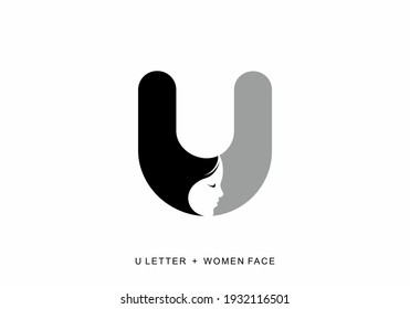 Black grey color of U initial letter with women face shape design