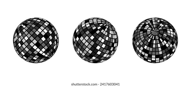 Juego de bolas de disco negro y gris. Colección de esferas brillantes en diferentes ángulos. Convirtiendo la música en globo o planeta. Paquete de elementos de bola espejo para afiches, banner, cubierta musical, fiesta. Vector