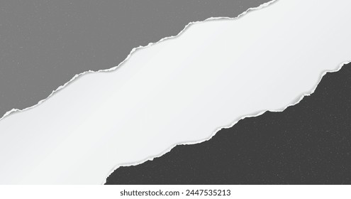 Black and grey dusty torn paper strips with soft shadow are on white background for text or ad.