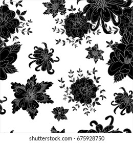Black and grey flowers seamless pattern. Vector illustration on white background