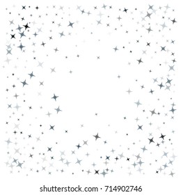 Black and grey flying stars confetti border vector on white, premium sparkles stardust background frame. Holiday party decoration, stars background vector border, flying sparkles festive confetti.
