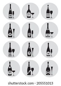 Black and grey icons of champagne bottles with glasses