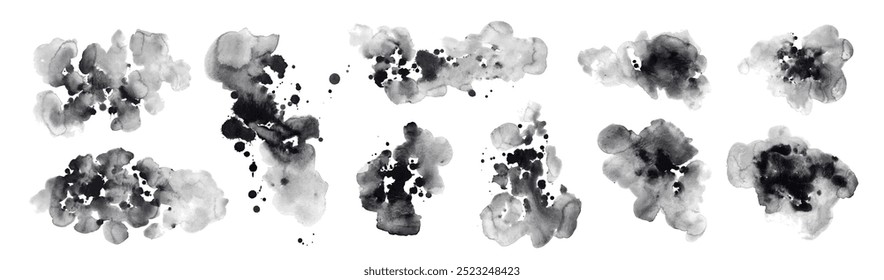 Black, grey Ink blots. Watercolor abstract background, form, design element. Colorful hand painted texture, wash. 