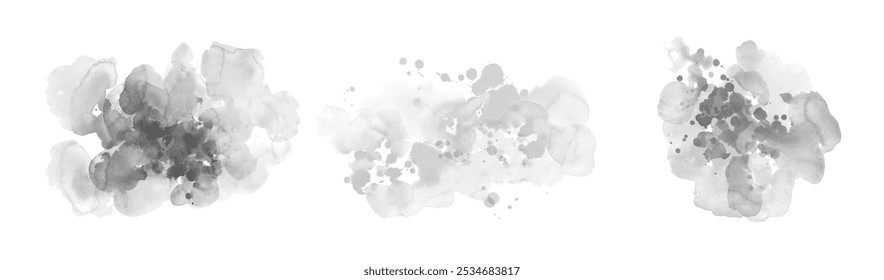 Black, grey Ink blots. Watercolor abstract background, form, design element. Colorful hand painted texture, wash. 