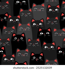 Black and grey Kawaii Cats. Cartoon seamless pattern. Vector EPS 10