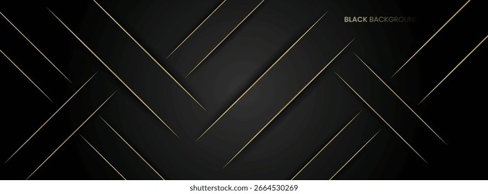 Black and grey luxury background with glitter gold lines, minimal scene, empty space for use showcase