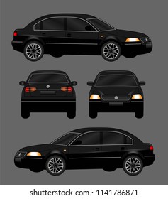 Black grey luxury sedan car for business. View from front, back and side. Realistic hot automobile. Isolated icon of vehicle.
Flat illustration set of transport.