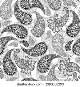 Black and Grey Magical Traditional Paisleys Seamless Pattern for wallpaper design or fabric textile printing