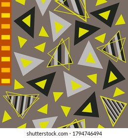 Black, grey, neon yellow, stripes filled triangles and orangy reddish rectangles geometric pattern. Suitable for variety of applications from garment sewing to upholstery, scrapbooking, digital realm.