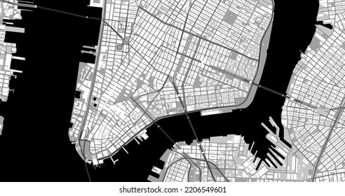 Black and grey New York City center area vector background map, roads and water cartography illustration. Widescreen proportion, digital flat design roadmap.