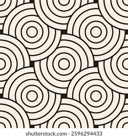 Black grey ornamental geometric pattern with concentric circles on beige background. Empty circles. Design element for logo, web pages, prints, posters, template.
