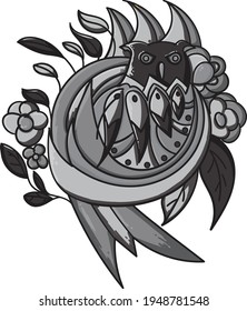 Black and grey owl illustration. tattoo template