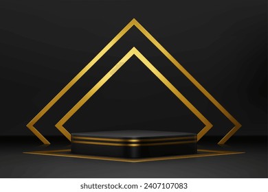 Black or grey podium stage with golden arch, realistic 3d vector mockup. Square platform or pedestal for product presentation in studio. Background with rectangular stand for displaying cosmetics