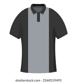 Black and grey polo shirt with a buttoned collar being displayed on a white background