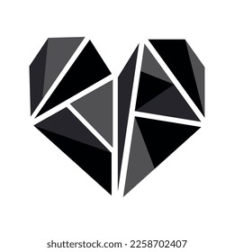 Black grey polygonal heart, flat vector illustration isolated on white background. Love icon, sign or symbol - heart shape, geometric romantic decorative element.