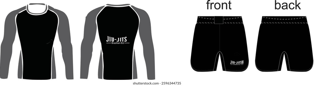 Black and grey rash guard with matching MMA shorts, front and back views. Ideal for martial arts, BJJ, and grappling sportswear design mockups