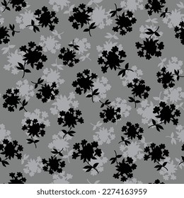 black and grey seamless floral vector small flowers leaves bunches pattern on background