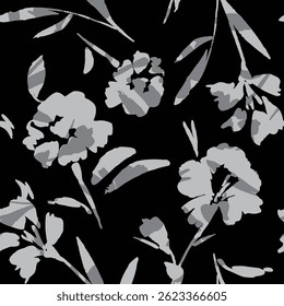 preto e cinza vetor floral sem costura textura flores folha padrão no fundo preto