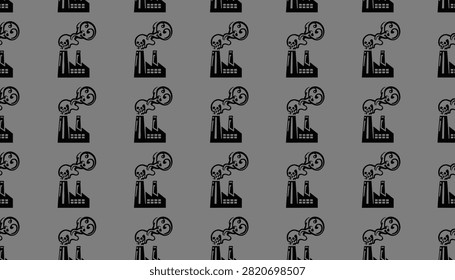 Black and grey seamless pattern showing factories emitting skull shaped smoke, symbolizing environmental pollution and industrial hazard.