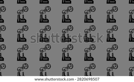 Black and grey seamless pattern showing factories emitting skull shaped smoke, symbolizing environmental pollution and industrial hazard.
