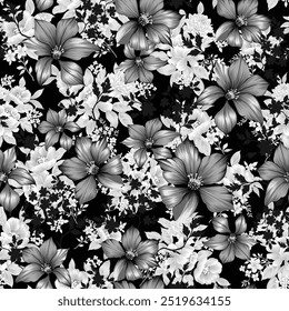 preto e cinza vetor sem costura flores folhas padrão no fundo preto