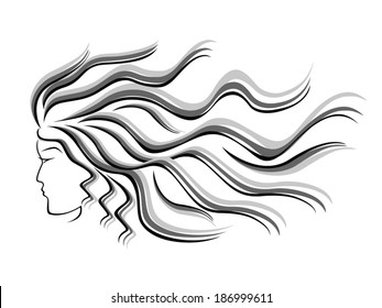 Black and grey silhouette of female head with flowing hair, hand drawing vector illustration