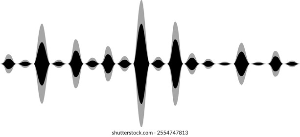 Black and grey sound waves are vibrating on a white background, representing audio frequencies, music waves, radio signals, and digital voice visualization