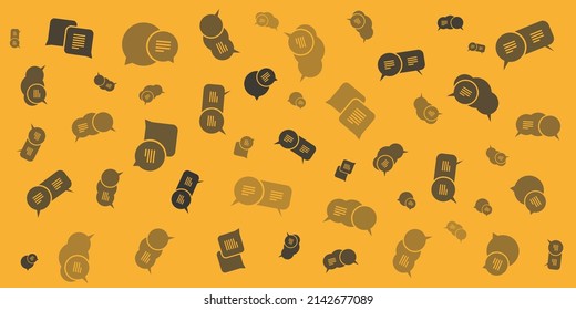 Black and Grey Speech and Thought Bubbles, Communication Symbols - Pattern of Various Sizes, Shapes and Orientation on Wide Scale Amber Colored Background - Design Template in Editable Vector Format
