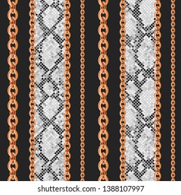 Black and grey stripes with snake skin print and golden chain. Chain print. Trendy seamless pattern.