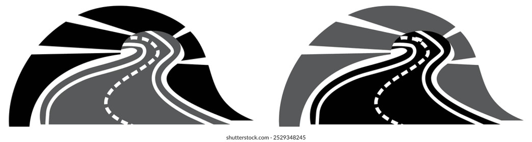 Black and grey stylized modern road icon with a tarred freeway winding through a tunnel.