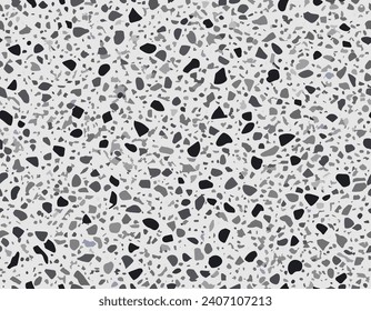 Black grey terrazo ceramic tile pattern or terrazzo mosaic background, vector marble stone floor texture. Terazzo or terazo mosaic pattern of marble stones, abstract geometric floor background