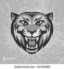 Black and grey tiger head logo on grey dirty plaster layers grunge splashes background. RGB EPS 10 vector illustration
