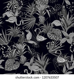 Black and grey Tropical flowers, palm leaves, jungle plants, birds, pink flamingos,snake, seamless vector floral pattern background, exotic botanical wallpaper, for fashion,fabric,and all prints