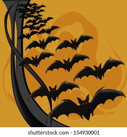 a black and grey wave with a lot of bat silhouettes in an orange yellow background