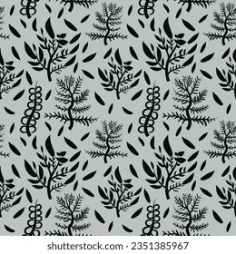 black and grey weeds seamless vector repeat pattern. Floral plants seamless surface pattern. Good for fabric, tile, textile, decoration, wrapping, packaging and more.