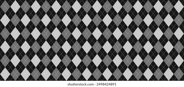 Black, grey and white seamless argyle pattern. Rhombus repeated texture background. Stitched diamond forms for textile design, fabric print, wrapping paper, clothes pattern design. Vector wallpaper