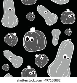 Black, grey and white vector outline pumpkins seamless pattern. Pumpkin patch background. Can be used for wallpaper, pattern fills, web page background