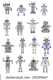 Black, grey and white vector set of toy robots or machines standing facing the viewer