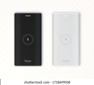 Black and grey wireless powerbanks isolated on white textured background. Four orange little lamps indicate about full charge, central area for charging smartphone wirelessly. Vector illustration.