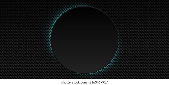 
Abstrakter schwarzer Raster, metallischer Hintergrund, perforierte Löcher mit gelbem Rahmen, neonblau