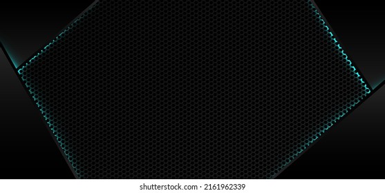 Black grid background with neon borders. Abstract metallic surface with holes backdrop. Perforated black metal material texture. Urban style vector illustration.