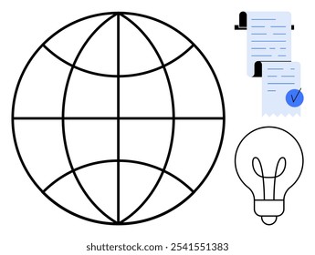 Black grid globe, blue checkmarked document, and simplistic light bulb icon. Ideal for technology, business, education, innovation, and global communication themes. Clean minimalist style