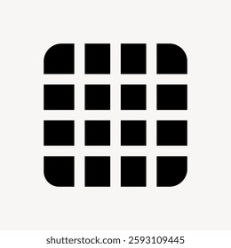 Black grid icon with rounded corners. Grid design features 16 squares. Simple grid icon for apps. Grid pattern ideal for interface design. User interface icon vector.