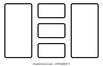 Black grid layout lines collage with several square and rectangular panels for storyboard template, frame work design, layout, or artists to plan and visualize their work.